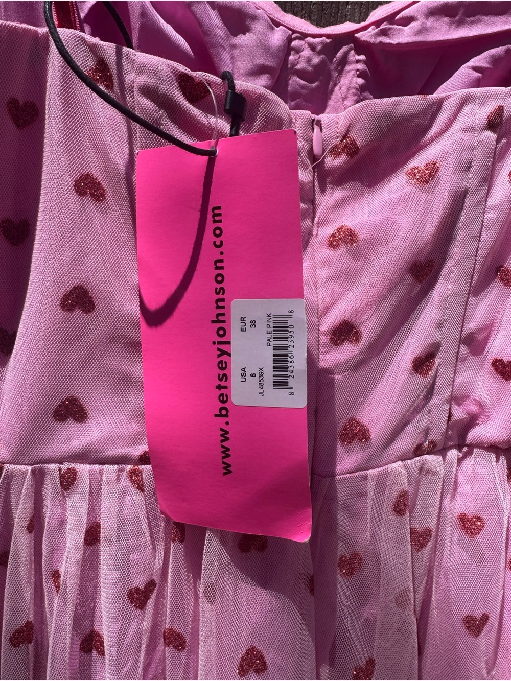 NWT Betsey Johnson Classically Betsey Pink Heart Glitter Tulle Midi Dress Size 8 - Picture 4 of 4